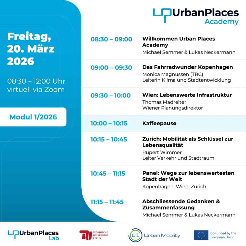 Veranstaltung zur Verbesserung urbaner Lebensqualität in Kopenhagen, Wien und Zürich.